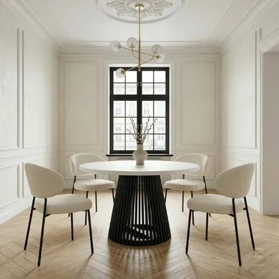 Produktbild von Runder Ausziehbarer Tisch für Esszimmer, DOVER - Industrial/Loft Still mit Lamellenbeine, Durchmesser: 100 / 150 cm, Farbe: Weiß / Schwarz