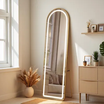 Imagen del producto de Espejo de cuerpo completo LED REMZETTA, 150 x 40 cm, espejo de pie con 3 colores de luz y control táctil, marco de aluminio dorado, para colgar o apoyar