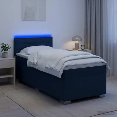 Image de Lit à lattes avec sommier intégré, matelas et éclairage LED bleu, dimensions 90 x 190 cm, revêtement en tissu
