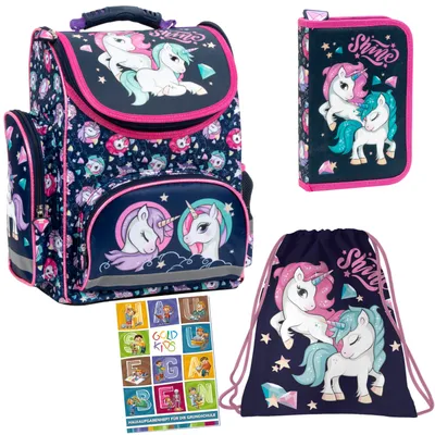 Produktbild von Einhorn Unicorn Schulranzen 4er Set Ranzen Tornister Federmappe Federmäppchen Turnbeutel Turnsack Aufgabenheft für die Grundschule