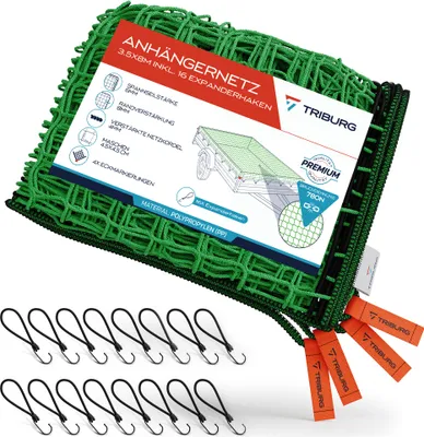 Produktbild von TRIBURG Anhängernetz 3,5x8 m + 16 Expanderhaken mit Eckmarkierungen und Randverstärkung I Ladungssicherung I Anhängerzubehör I Transportnetz