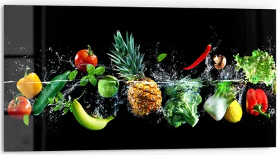 Produktbild von DEQORI Küchenrückwand Glas 80x40 cm 'Sauberes Obst und Gemüse' Spritzschutz Bad Rückwand