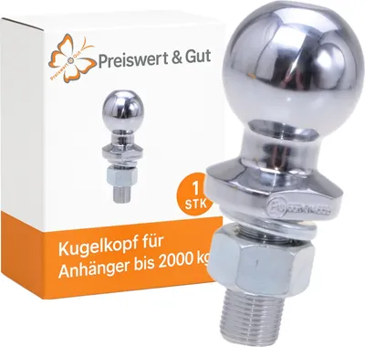 Produktbild von Anhängerkugelkopf mit M22x1,75mm Gewinde – Kugelkopf für Anhänger bis 2000 kg – Inkl. Mutter Federring Zugkugelkupplung