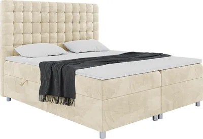 Produktbild von MEBLINI Boxspringbett mit Bettkasten - Gepolstert Doppelbett mit Matratze und Topper - Polsterbett mit Stauraum - Bett mit Kopfteil - Stauraumbett - ASTON - 180x200 - H4/Beige Samt