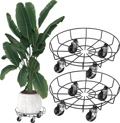 Image de UISEBRT Lot de 2 chariots à fleurs Chariot pour plantes, deux couches, rond 33 cm, noir, avec roues en métalPolyuréthanex4, pour plantes, décoration, meubles de jardin