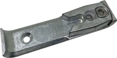 A metal bracket with a screw and a hole, isolated on a white background.