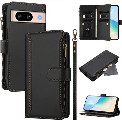 Image de Étui pour Google Pixel 8, zippé, étui portefeuille en cuirPolyuréthaneà rabat avec poches pour cartes, support et boucle pour la main noir
