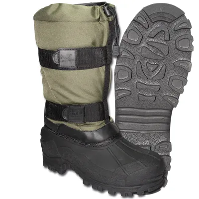 A pair of olive and black winter boots shown from the front and side, with the sole of one boot displayed separately.