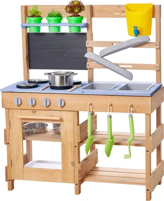 Produktbild von Spielküche Kinderküche - Holz-Spielzeugküche - Mit Herd & Spülbecken - Haken - Inkl. Kochgeschirr & Pflanzspaten - Für Kinder ab 3 Jahren - Maße 76,2 x 32,4 x 91,4 cm