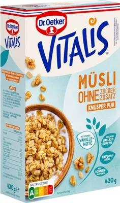 Produktbild von Dr. Oetker Vitalis Knusper-Müsli ohne Zuckerzusatz (420g Packung) + usy Block