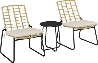 Two chairs and a small table are shown against a white background.