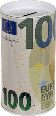 Produktbild von Metall Spardose €-Noten 15,5·8cm abnehmbarer Deckel 100€