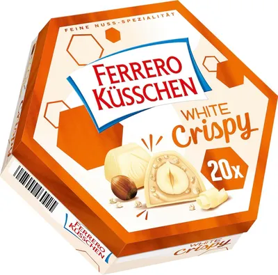 Image de Ferrero Küsschen White Crispy - Noisettes grillées croquantes dans une crème claire, enrobées de chocolat blanc et de crispies croustillants - 1 paquet de 20 pralines individuelles