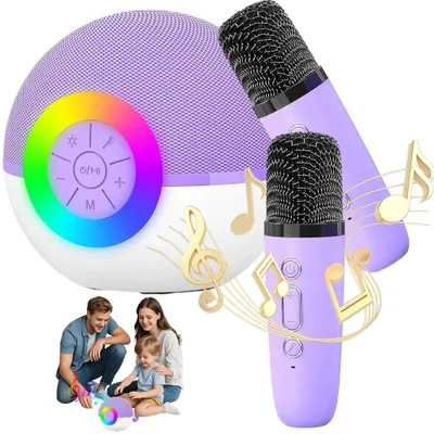 Obrázok produktu pre Mini karaoke zariadenie – Bluetooth reproduktor – 2 mikrofóny – 5 efektov hlasu – LED osvetlenie – Vhodné na párty a kempovanie – Darček