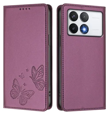Produktbild von Lederhülle für Xiaomi Poco F6 Pro, Schmetterling Prägung Leder Brieftasche Schutzhülle mit Ständer Lila