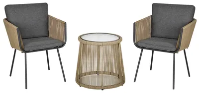 Image de Ensemble de salon 3 pièces, 2 chaises, table d'appoint, coussins d'assise et de dossier, plateau en verre trempé, rotin synthétique, gris
