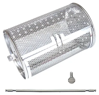 A stainless steel rotisserie basket and accessories on a white background.
