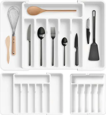 Immagine prodotto di WELLHAUS - Organizer estraibile e regolabile per posate e cassetti della cucina in elegante bianco - un miracolo di flessibilità per la vostra cucina (bianco)