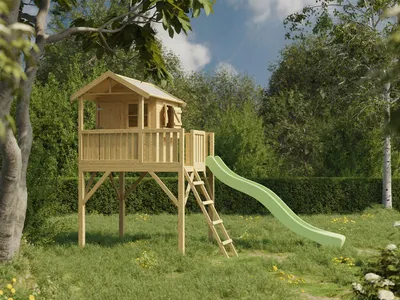 Produktbild von Stelzenhaus Funny XXL für Kinder, Podesthöhe 146 cm, mit überdachter Veranda, großem Balkon und zweigeteilter Tür