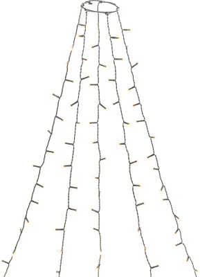A conical string of lights hanging from a circular frame.
