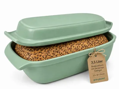 Produktbild von KERAZO 3,5 Liter Brotbackform mit Deckel aus Steingut, 33×16×14 cm, Bräter, Auflaufform, Gratinform, Schmortopf, Brottopf – grün
