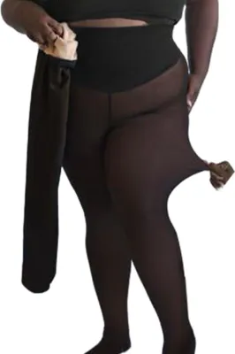 Produktbild von Damen-Leggings mit Fleecefutter, einseitig genäht, warm, leicht transparent, mit Bauchkontrolle, Thermoleggings für Dates, Partys und Arbeit