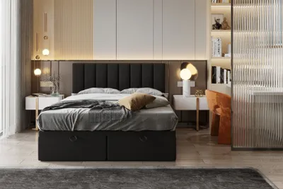 Image de TRADA Bond Lit Boxspring Lit adulte 160x200 avec matelas ressorts ensachés et rangements en tissu velours Noir