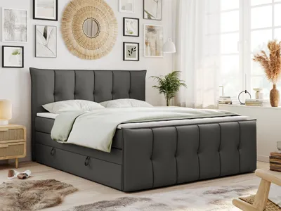 Produktbild von King Boxspringbett 140x200, Boxspringbett 140x200 mit Bettkasten und Matratze H4, Polsterbett 140x200 mit Matratze, Bett 140x200 mit Bettkasten, PREMIUM-11-KING - 140x200 - Dunkelgrau - Kunstleder - H4