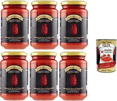 Produktbild von 6x La Russolillo Kirschtomate Piennolo del Vesuvio DOP im 360g-Glas+ Italian Gourmet polpa 400g