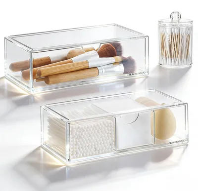 Produktbild von Set mit 2 Kosmetik-Organizern, Wattepadhaltern, transparenten Organizer für Badezimmer, Schlafzimmer und Schminktisch.