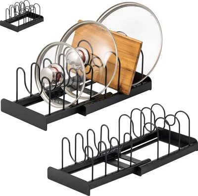 Image de eluno Lot de 2 couvercles et supports pour casseroles pour 7 casseroles, poêles, couvercles, assiettes et planches à découper en métal noir