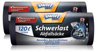 Produktbild von Swirl Profi Schwerlast-Abfallsäcke mit Zugband, 120 Liter, Reißfest, 2 Rollen mit je 12 Säcken