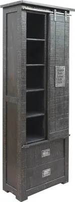 A tall, dark gray cabinet with sliding doors and drawers.