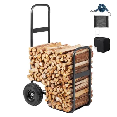 Produktbild von Kaminholzwagen 67x52x110cm - Brennholzkarre aus Pulverbeschichtetem Stahl - Holzwagen mit 266,7-mm-Gummirädern - Max. Traglast: 113,4kg - Transportwagen inkl. Bungee-Seil und Bodennetz aus 600D Oxford-Tuch.