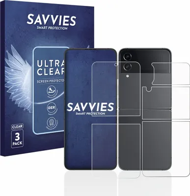 A product shot of screen protectors for a Samsung Galaxy Z Flip 4, along with its packaging.