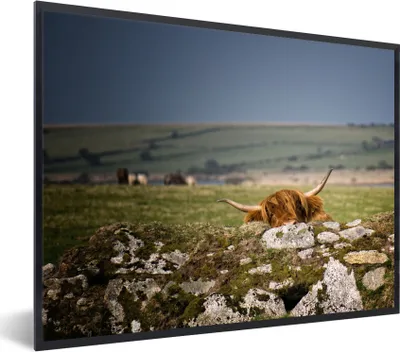 Produktbild von MuchoWow® Gerahmtes Poster Schottische Highlander - Steine - Gras 40x30 cm - Poster mit Schwarzem Bilderrahmen Wandposter Rahmen Foto Bilder - Kunstposter - Wanddekorationen