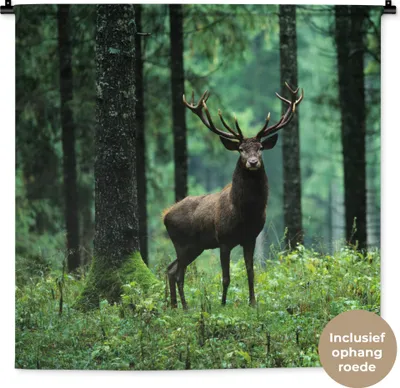 Produktbild von MuchoWow® Wandteppich Wandbehang Hirsche - Wald - Bäume - Tiere - Natur 90x90 cm Tapisserie Dekoration Wandtuch - Wandaufhänger