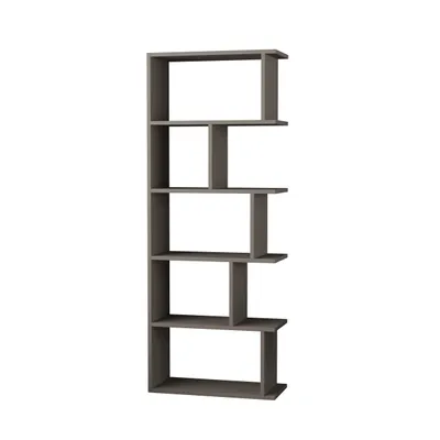 A tall, narrow, gray bookshelf with multiple staggered shelves, shown against a white background.