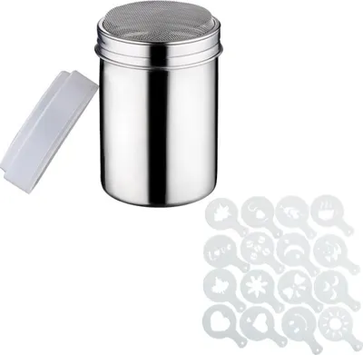 Produktbild von Edelstahl Kakaostreuer mit Deko-Schablonen, Weihnachtsstil, staubdichte ABS-Abdeckung, 8,6 cm Durchmesser