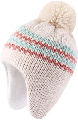 Produktbild von Unyqoos® Kinder-Strickmütze mit Ohrenklappen & Bommel, doppellagig (Acryl + Fleece), warm, dehnbar & atmungsaktiv, 3 Größen für 6 Monate–4 Jahre