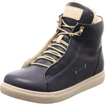 A single blue high-top sneaker with beige laces and sole, set against a white background.