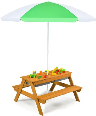 Produktbild von GOPLUS Kindersitzgruppe mit Sonnenschirm, 3 in 1 Kinder Picknicktisch mit Abnehmbarer Tischplatte & 2 Aufbewahrungsboxen & Bänke, Kindersitzgarnitur aus Holz für Garten und Terrasse (Weiß+Grün)