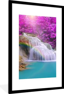Produktbild von MuchoWow® Gerahmtes Poster Wasserfall - Bäume - Regenbogen - Lila 60x90 cm - Poster mit Schwarzem Bilderrahmen Wandposter Rahmen Foto Bilder - Dekoration - Wandposter Wohnzimmer - Hochwertig