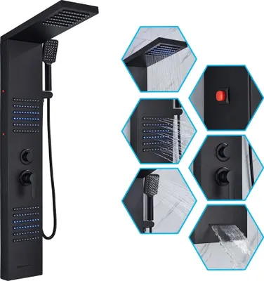 Produktbild von LED-Duschpaneel, Dual-Handle-Design, Wandmontage, Mattschwarz 6004