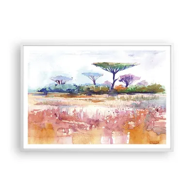 Produktbild von Gerahmtes Poster - Weißer Rahmen - Aquarell Savanne Bäume - 100x70 cm - Wand Bild - Wanddeko - Wandbilder - Kunstposter - Wandposter - Bilderrahmen - Bilder - Kunstdruck - P2WAA100x70-4484