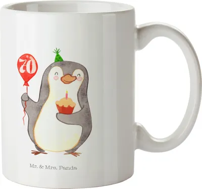 Produktbild von Mr. & Mrs. Panda Kaffeepott 70. Geburtstag Pinguin Luftballon - Weiß - Geschenk, Kuchen, Happy Birthday, Kerze, Keramiktasse, Kaffeebecher, Teepott, Tasse, schöne