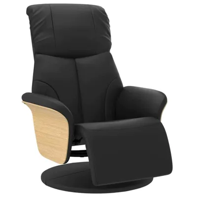 A black faux leather recliner chair with wood accents, shown from a front-diagonal angle against a white background.