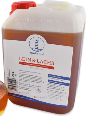 Produktbild von Leinöl & Lachsöl 2,5L Kanister, Barföl-Mischung für Hunde & Katzen– Omega 3, 6 und 9 – Ohne Zusätze Perfekt zum Barfen