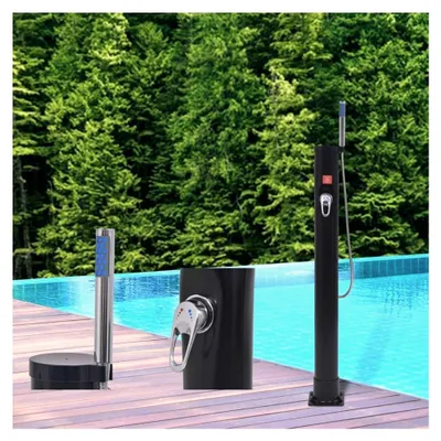 Produktbild von Solardusche für Garten mit 8L Wassertank und Stahlsockel für Pool, Camping, Strand und Outdoor-Nutzung mit Handbrause und Edelstahlschlauch für warmes Wasser durch Sonnenenergie