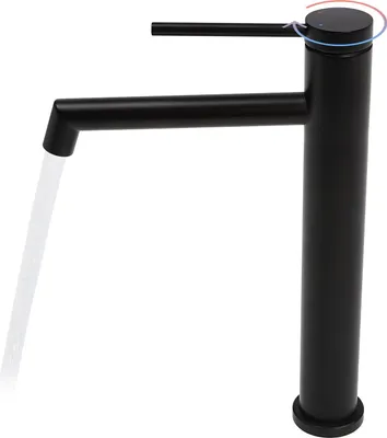 A black faucet with water flowing from the spout, isolated on a white background.
